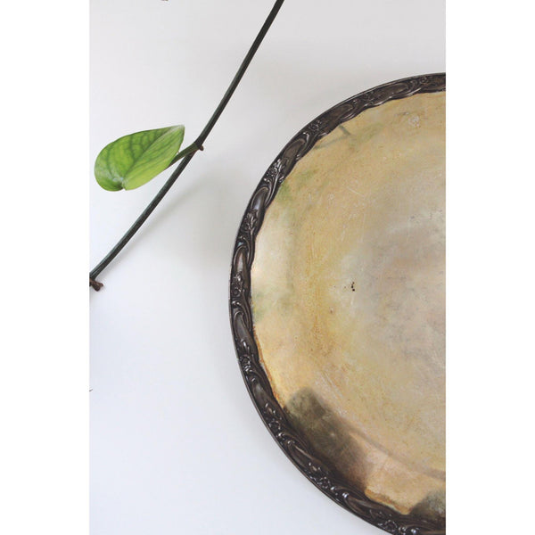 Vintage Silver-Plated Ornate Round Tray With Patina & Floral Border Design