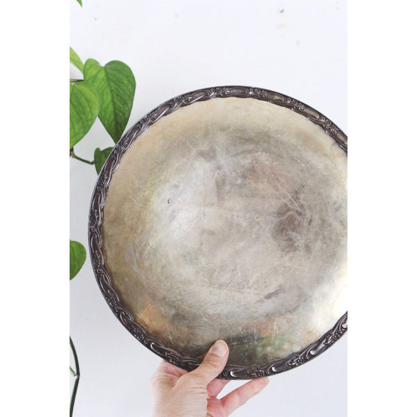 Vintage Silver-Plated Ornate Round Tray With Patina & Floral Border Design