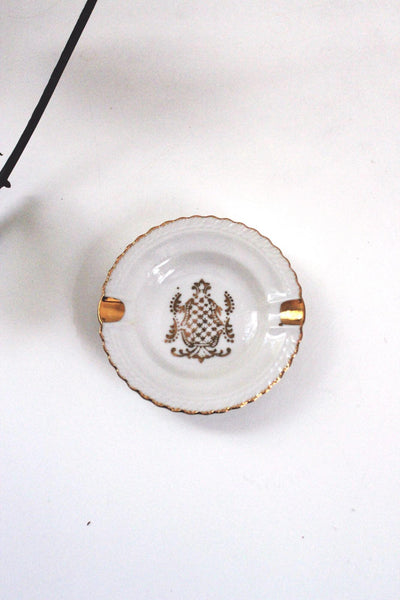 Vintage Japan Porcelain Ashtray Gold Crest Scalloped Edge White Dish