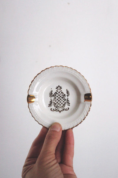 Vintage Japan Porcelain Ashtray Gold Crest Scalloped Edge White Dish