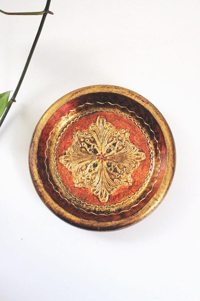 Vintage Florentia Hand-Painted Bowl Tray Dish Gold Red Italian Mid Century MCM