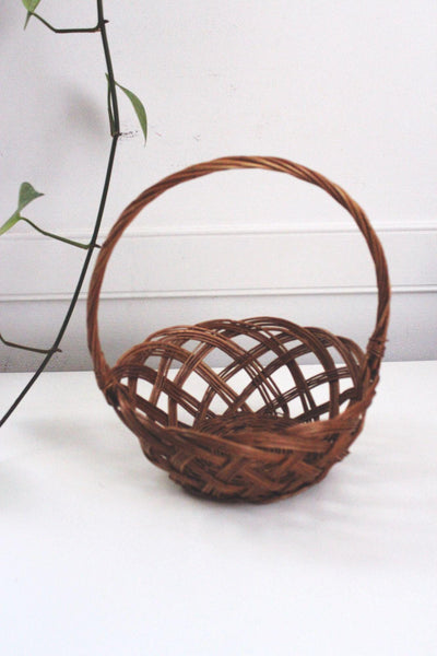 Vintage Woven Rattan Basket Handle Gathering Harvest Rustic Farmhouse Cottagecore