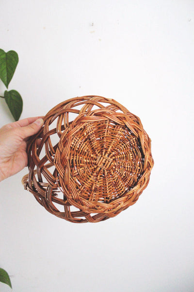 Vintage Woven Rattan Basket Handle Gathering Harvest Rustic Farmhouse Cottagecore