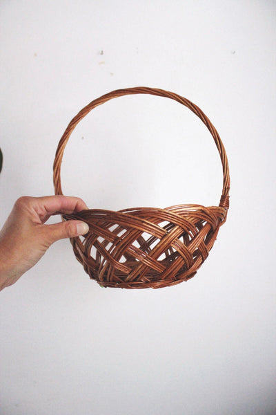 Vintage Woven Rattan Basket Handle Gathering Harvest Rustic Farmhouse Cottagecore