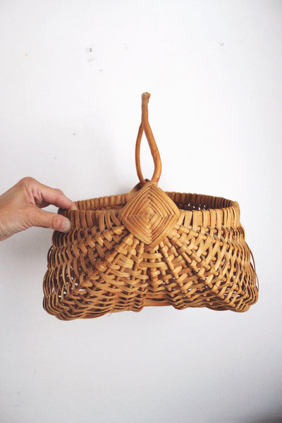 Vintage Buttocks Basket Melon Gathering Harvest Handwoven Wicker Handle Rustic Farmhouse