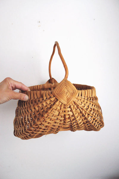 Vintage Buttocks Basket Melon Gathering Harvest Handwoven Wicker Handle Rustic Farmhouse