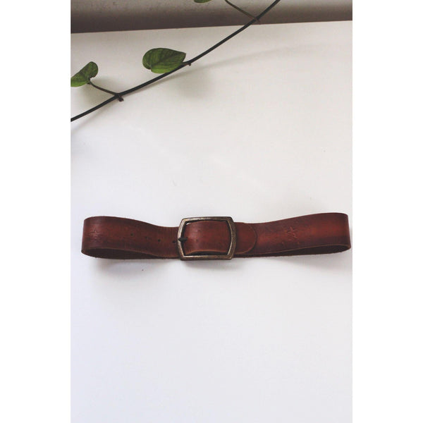 Vintage Brown Leather Belt With Brass Buckle Antique Bronze Star Pattern S M