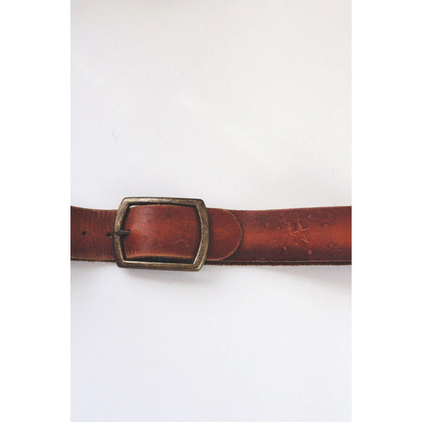 Vintage Brown Leather Belt With Brass Buckle Antique Bronze Star Pattern S M