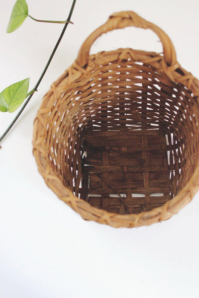 Vintage Hand Woven Wall Hanging Basket Pocket Splint Wood Farmhouse Rustic Boho