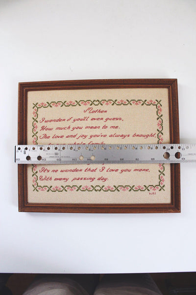 Framed Cross-Stitch Poem Mother Floral 8x10 Vintage Embroidery Art Wooden Frame