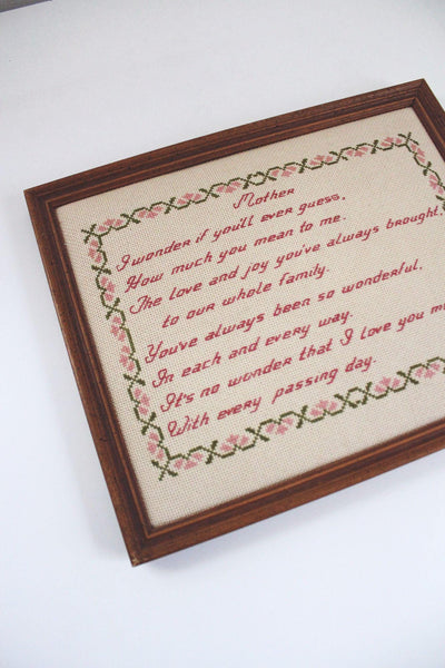 Framed Cross-Stitch Poem Mother Floral 8x10 Vintage Embroidery Art Wooden Frame