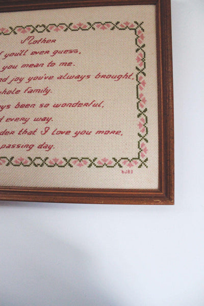 Framed Cross-Stitch Poem Mother Floral 8x10 Vintage Embroidery Art Wooden Frame