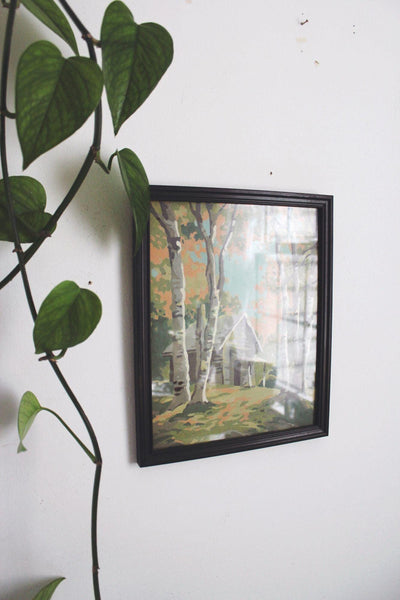 Framed Vintage Paint-By-Numbers Wall Art Cabin Birch Trees 8x10 Mid Century