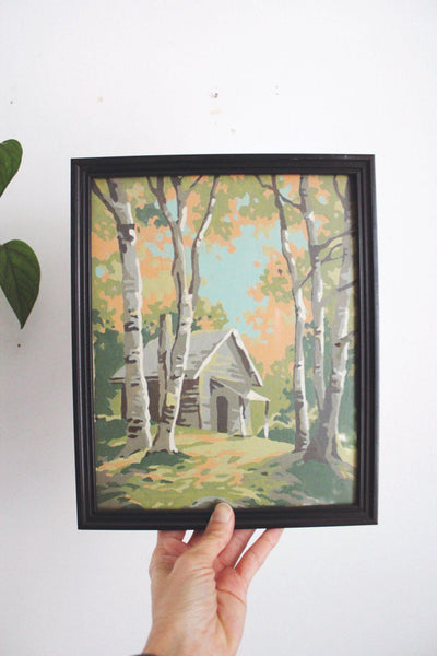 Framed Vintage Paint-By-Numbers Wall Art Cabin Birch Trees 8x10 Mid Century