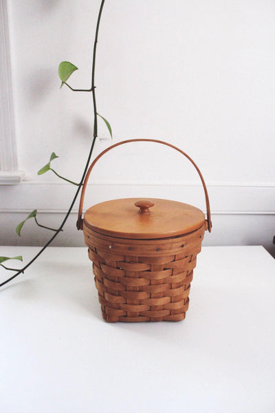 Vintage Longaberger Handwoven Basket With Wooden Lid & Handle Made In USA Signed 1987
