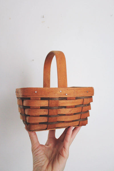 Longaberger Small Mini Handwoven Vintage Basket Handle 1990 USA Wooden Chore