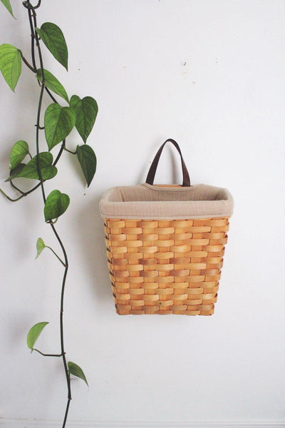 Vintage Handwoven Wall Hanging Basket Fabric Liner Leather Handle Storage Decor