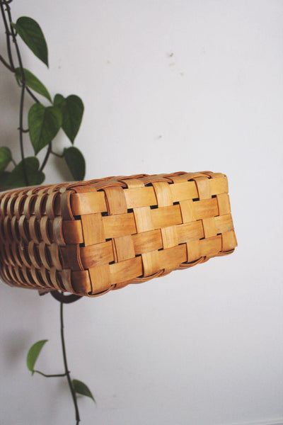 Vintage Handwoven Wall Hanging Basket Fabric Liner Leather Handle Storage Decor