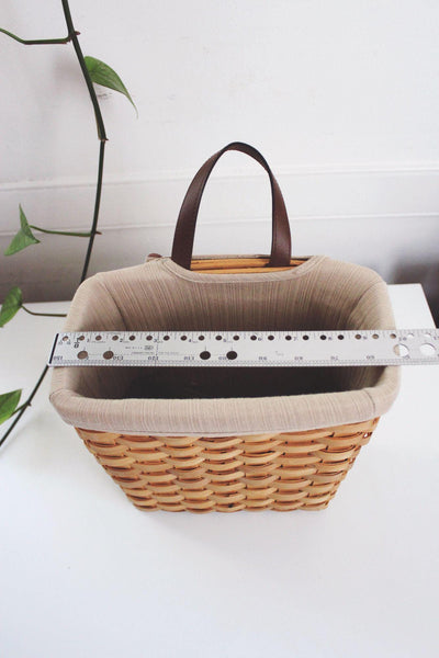 Vintage Handwoven Wall Hanging Basket Fabric Liner Leather Handle Storage Decor