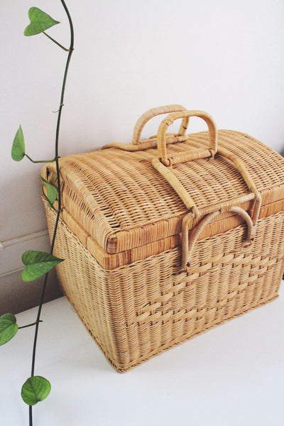 Vintage Wicker Picnic Basket Double Handles Handwoven Storage French Farmhouse