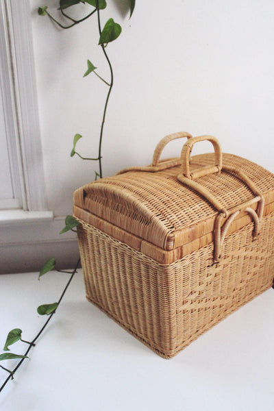 Vintage Wicker Picnic Basket Double Handles Handwoven Storage French Farmhouse