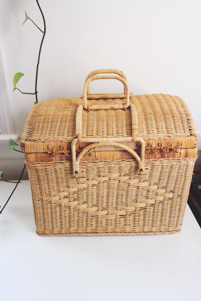 Vintage Wicker Picnic Basket Double Handles Handwoven Storage French Farmhouse