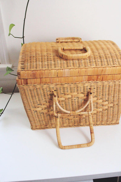 Vintage Wicker Picnic Basket Double Handles Handwoven Storage French Farmhouse