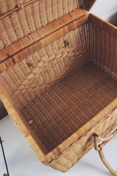 Vintage Wicker Picnic Basket Double Handles Handwoven Storage French Farmhouse