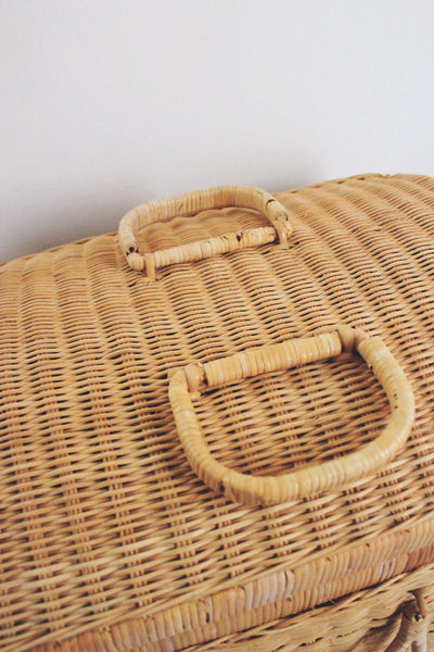 Vintage Wicker Picnic Basket Double Handles Handwoven Storage French Farmhouse