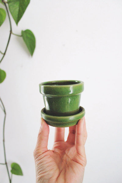 Vintage Glazed Green Ceramic Planter Small Mini Flower Pot Saucer Mid Century Modern