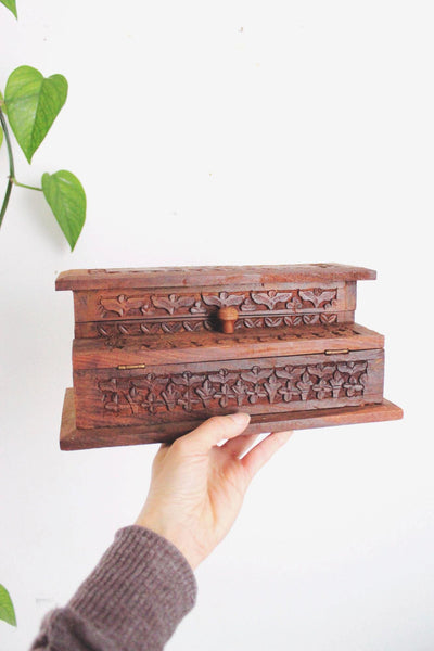 Vintage Hand-Carved Indian Wooden Step Box Jewelry Trinkets Floral Rosewood Keepsake