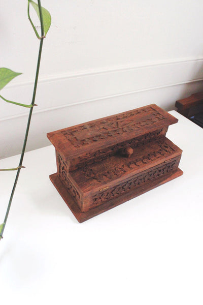 Vintage Hand-Carved Indian Wooden Step Box Jewelry Trinkets Floral Rosewood Keepsake