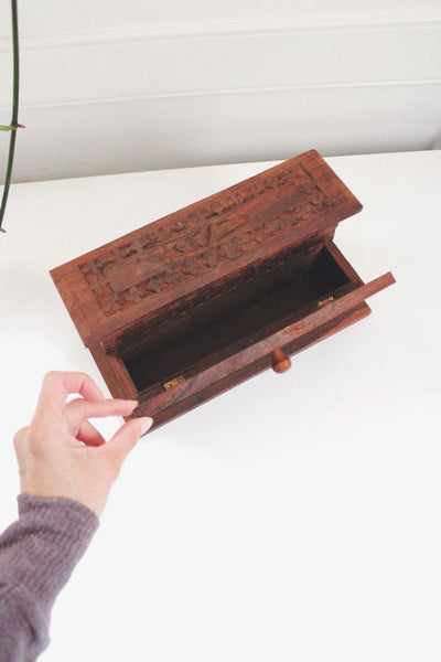 Vintage Hand-Carved Indian Wooden Step Box Jewelry Trinkets Floral Rosewood Keepsake
