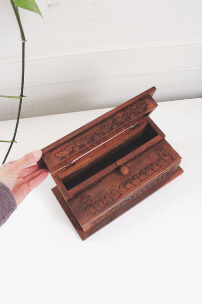 Vintage Hand-Carved Indian Wooden Step Box Jewelry Trinkets Floral Rosewood Keepsake