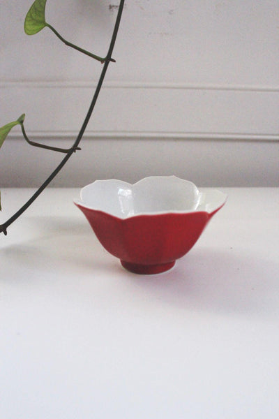 Vintage Japanese Ceramic Lotus Flower Rice Bowl Trinket Dish Red Mid Century