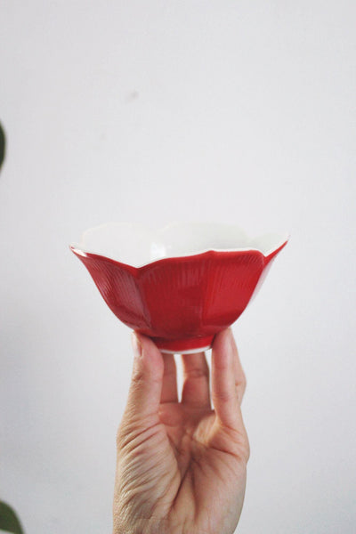 Vintage Japanese Ceramic Lotus Flower Rice Bowl Trinket Dish Red Mid Century