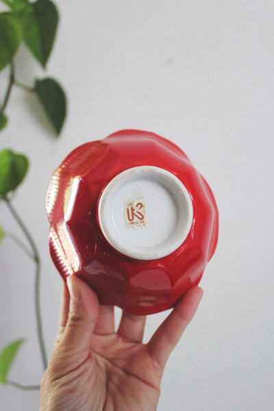 Vintage Japanese Ceramic Lotus Flower Rice Bowl Trinket Dish Red Mid Century