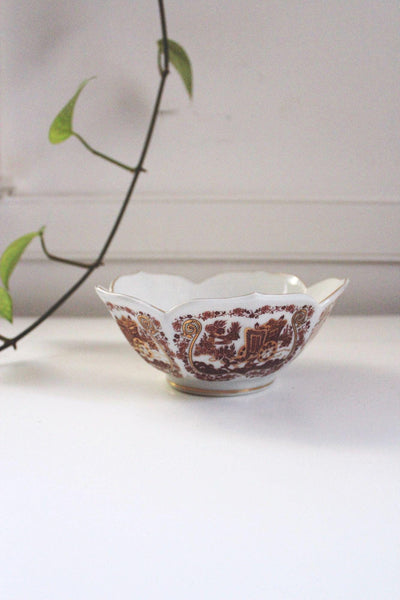 Vintage Japanese Porcelain Bowl Scalloped Edge Gold Floral Transferware
