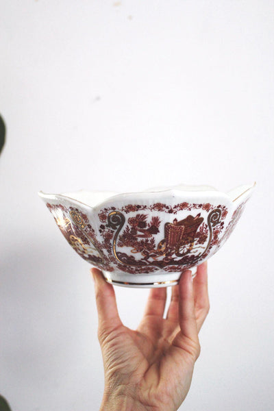 Vintage Japanese Porcelain Bowl Scalloped Edge Gold Floral Transferware