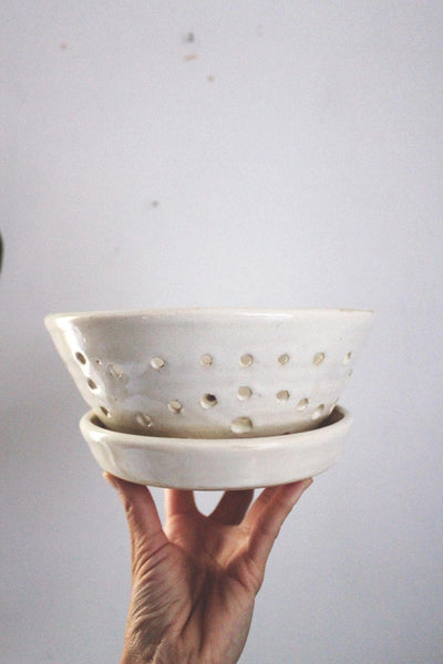 Studio Pottery Stoneware Ceramic Berry Bowl Saucer Set Colander Tray Handmade