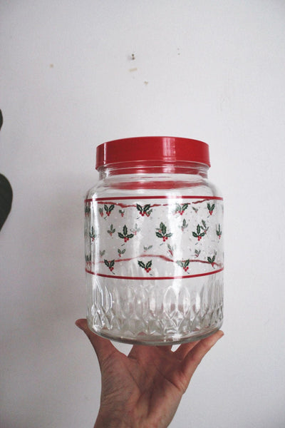 Vintage KIG Glass Holiday Canister Jar Red Lid Holly Berry Design Christmas
