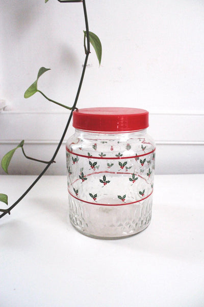 Vintage KIG Glass Holiday Canister Jar Red Lid Holly Berry Design Christmas