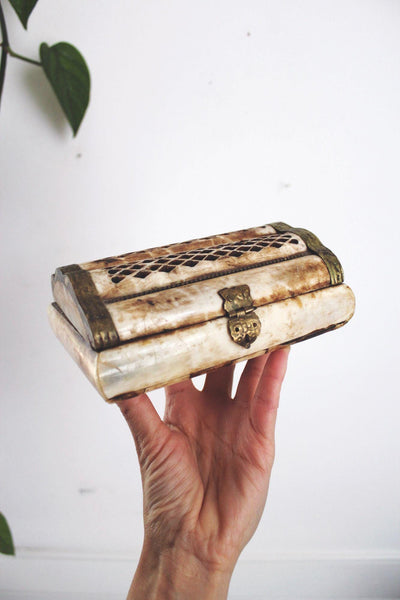 Vintage Handmade Bone Brass Trinket Jewelry Box Lattice India Boho Chest