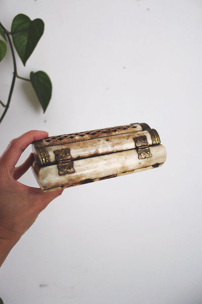 Vintage Handmade Bone Brass Trinket Jewelry Box Lattice India Boho Chest