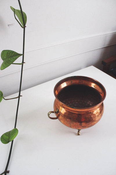 Vintage Hammered Copper Brass Pot Cauldron Planter Footed Handles Hammered