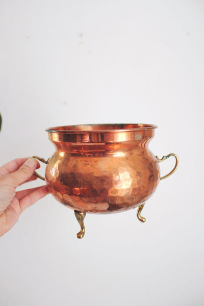 Vintage Hammered Copper Brass Pot Cauldron Planter Footed Handles Hammered