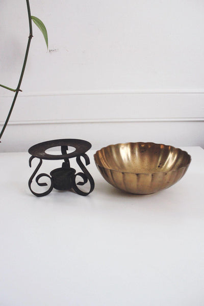 Vintage Brass Bowl Ornate Stand Centerpiece Candle Holder Mid Century Brutalist