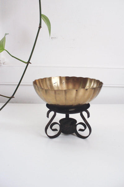 Vintage Brass Bowl Ornate Stand Centerpiece Candle Holder Mid Century Brutalist