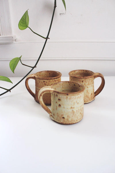 Set Of 3 Studio Pottery Handmade Ceramic Mugs Speckled Glaze Vintage Coffee Cups Rustic