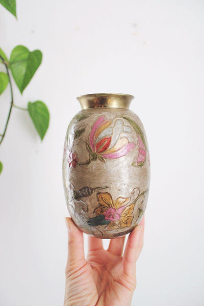 Handmade Vintage Brass Floral Etched Vase With Multicolor Enamel Detailing - 6 Inches Tall